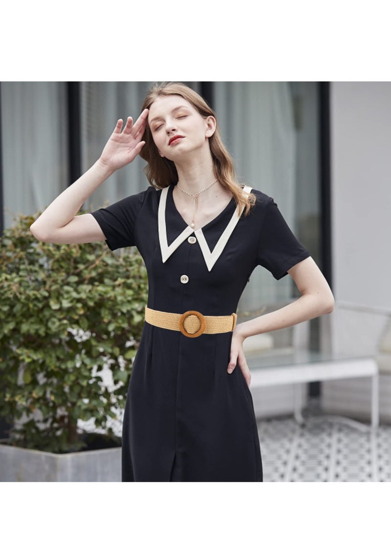 Excefore Women Belt, Women Woven Rattan Wide Stretch Straw Belt, Wooden Buckle Waist Belt, Suitable for dresses, Skirt Decoration, Fashion and Good Looking - Image 4