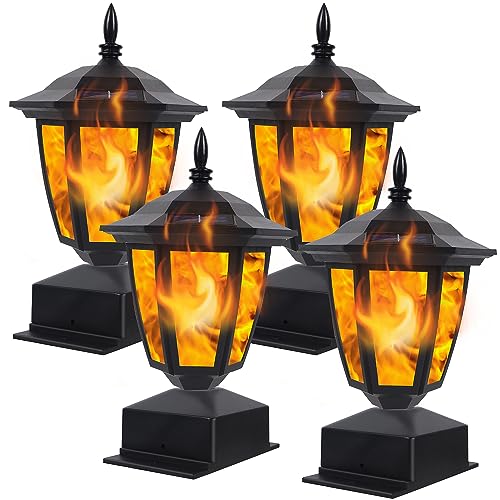 Dynaming Solar Flame Post Lights Outdoor, Solar Powered Lamps Fence Post Cap Lights, Flickering Flame LED Lantern Decorative Waterproof for Garden Deck Patio, Fit 4x4, 5x5 or 6x6 Wooden Posts, 4 Pack - Image 1