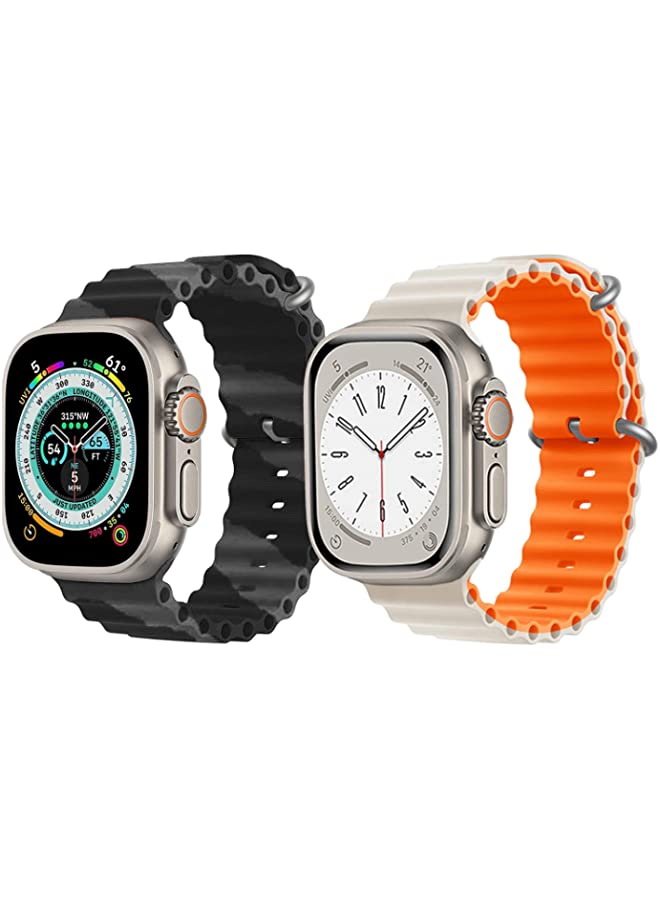 IAF Silicone Ocean Band Strap for Apple Watch Ultra 8 49mm Black/Gray Double Line Strap with White/Orange Double Side Strap Set of 2