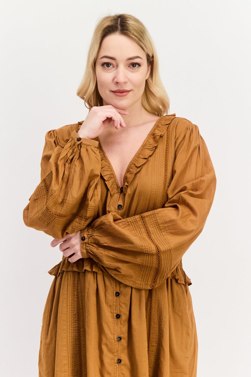 Scotch & Soda Maison Scotch by Scotch And Soda Women Eyelet Midi Dress, Brown - Image 2