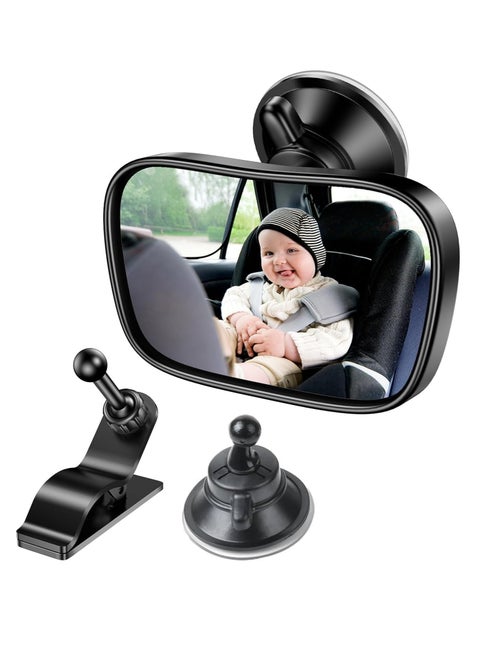 Baby Car Rear View Mirror, Baby Car Rear View Mirror with 2 Bases, Adjustable Shatterproof Safety Car Seat Mirror,Rear Facing Infant Suction Cup & Clip Car Visor Mirror Safety Mirror