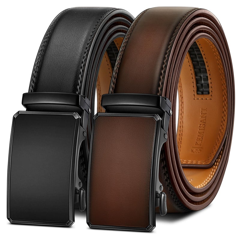 KEMISANT Men Belt 2 Pack, Leather Ratchet Belt Easy Click Slide For Men 1 3/8",Cut for Fit(Black/Deep Brown,32"-38" Waist Adjustable) - Image 1