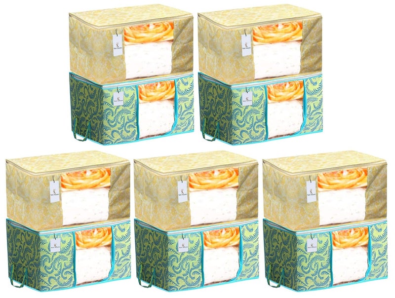 Kuber Industries Metalic Printed 10 Piece Non Woven Fabric Underbed Storage BagCloth OrganiserBlanket Cover with Transparent Window Green Gold CTKTC41255 - Image 1