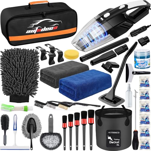 AUTODECO 41Pcs Car Cleaning Wash Kit Interior Detailing Cleaner Kit with High Power Handheld Vacuum, Collapsible Bucket, Windshield Tool, Gel, Snow Shovel, Tire Brush, Complete Car Care Tools, Black - Image 1