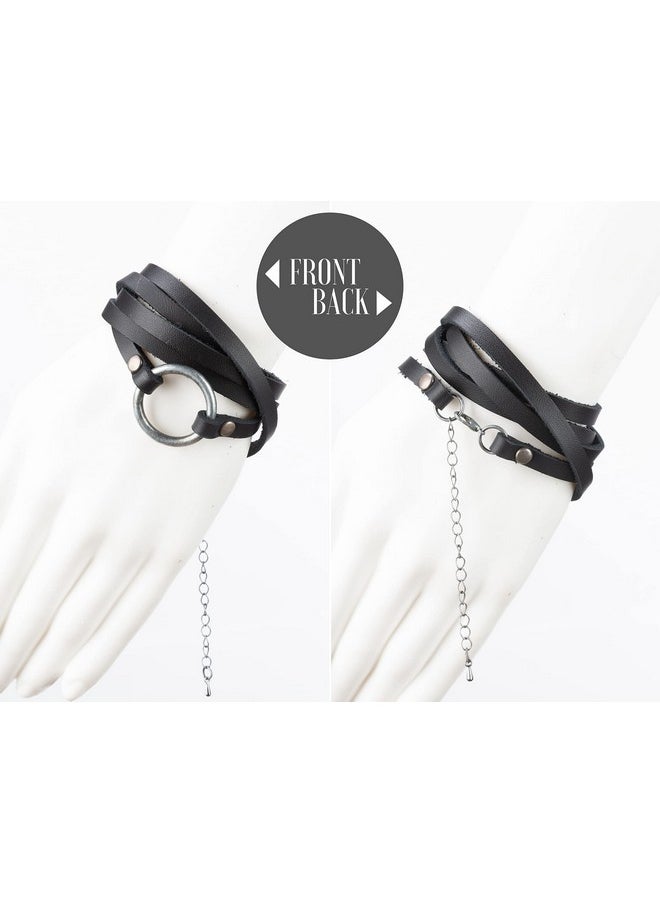 SPUNKYsoul - 5 Wrap Circle Bracelet For Women (Black With Gun Metal Circle) - Image 1