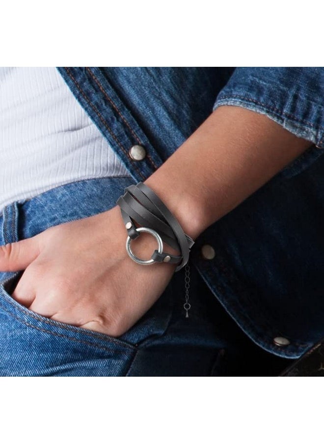SPUNKYsoul - 5 Wrap Circle Bracelet For Women (Black With Gun Metal Circle) - Image 1
