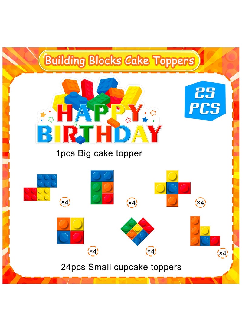 FRUITFUL PARTY - Building Blocks Cake Topper, 25pcs Building Blocks Cake Decorations Cupcake Toppers and Cake Topper for Building Block Theme Party Supplies - Image 1