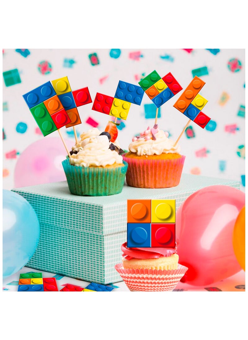 FRUITFUL PARTY - Building Blocks Cake Topper, 25pcs Building Blocks Cake Decorations Cupcake Toppers and Cake Topper for Building Block Theme Party Supplies - Image 1