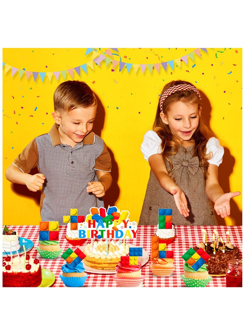 FRUITFUL PARTY - Building Blocks Cake Topper, 25pcs Building Blocks Cake Decorations Cupcake Toppers and Cake Topper for Building Block Theme Party Supplies - Image 1
