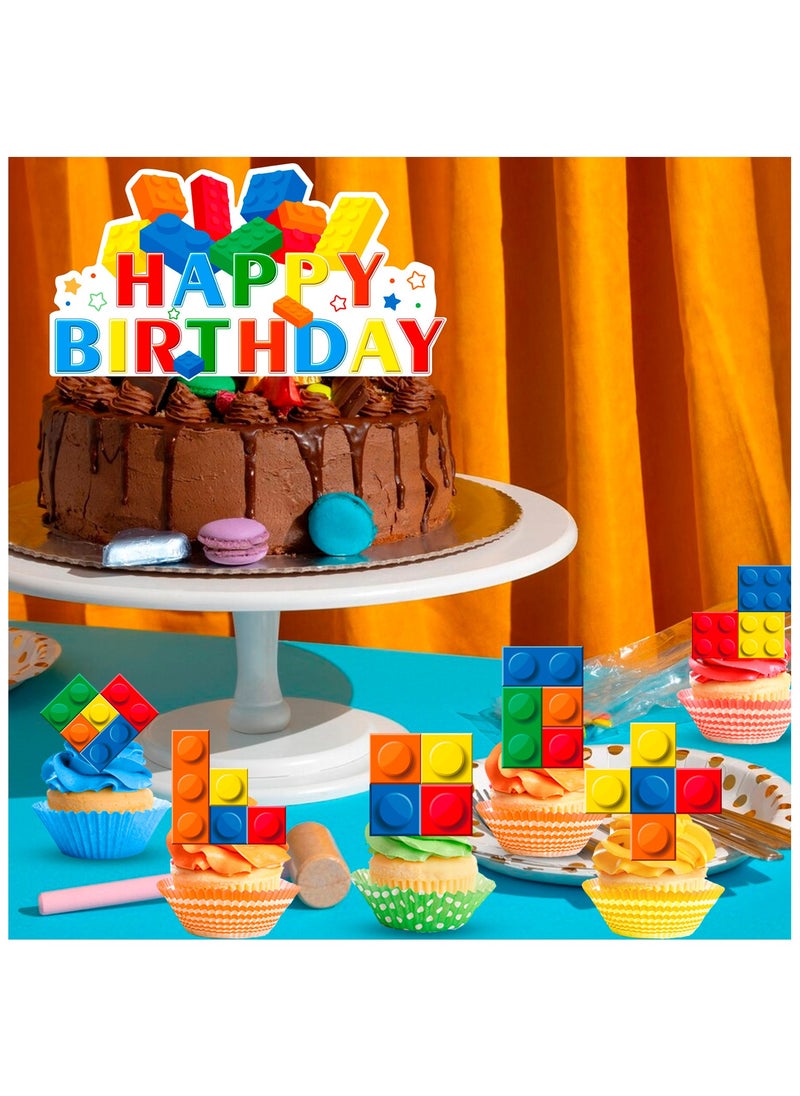 FRUITFUL PARTY - Building Blocks Cake Topper, 25pcs Building Blocks Cake Decorations Cupcake Toppers and Cake Topper for Building Block Theme Party Supplies - Image 1