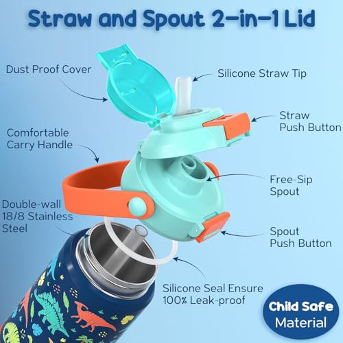 Fimibuke Kids Insulated Water Bottle with PopOpen Straw Spout 2in1 Lid 14oz Leak Proof 188 Stainless Steel Vacuum Tumbler BPAFree Kids Cup For Travel School Girls Boys Toddler 2 Packs - Image 3