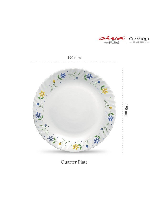 La Opala Diva Classique Collection Opal Glass Crockery | Quarter Plate Set of 6 | Twilight Bouquet Design | for Snacking & Gifting | Microwave Safe | 100% Vegetarian | Extra Strong | Light & White - Image 2