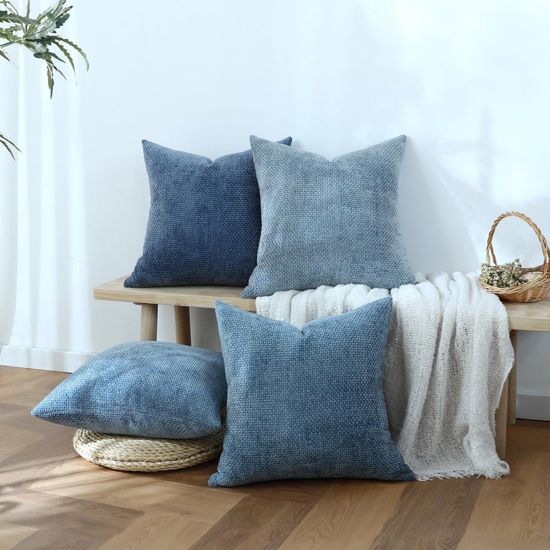 Stellhome Set of 4 Neutral Decorative Throw Pillow Covers Soft Chenille Woven Textured Luxury Accent Cushion Cases for Living Room Couch Bed Sofa Farmhouse Boho Home, 18x18 inch, Neutral Blue - Image 2
