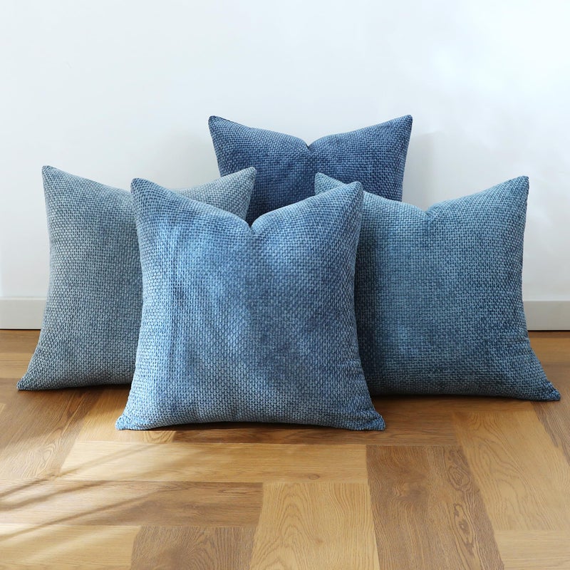 Stellhome Set of 4 Neutral Decorative Throw Pillow Covers Soft Chenille Woven Textured Luxury Accent Cushion Cases for Living Room Couch Bed Sofa Farmhouse Boho Home, 18x18 inch, Neutral Blue - Image 1