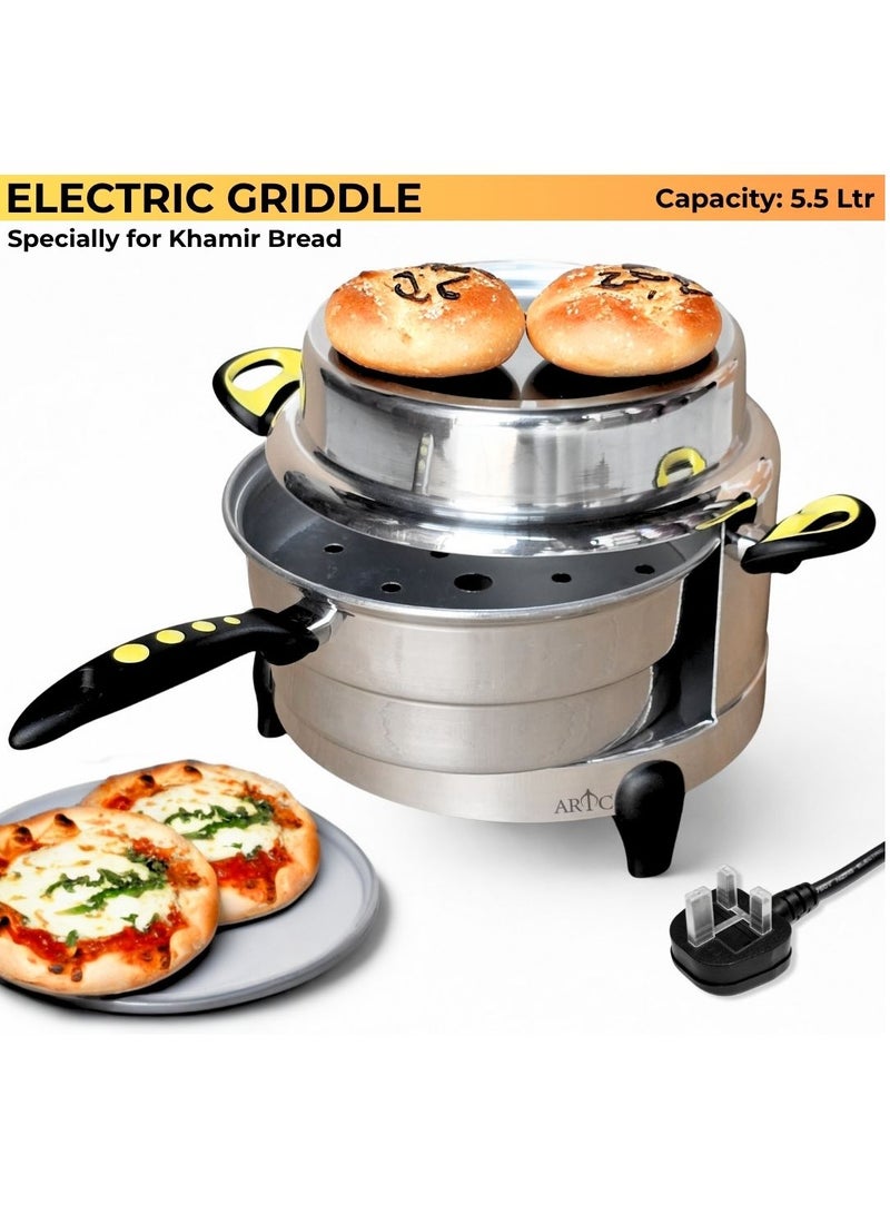 ARTC 1000W Multi-Purpose Electric Griddle Oven, Bread Maker & Pizza Maker with 3 Legs for Arabic Khamir Bread, Lebanese Bread, Fatayer, Pita, Mini Pizza | 22cm Top Baking Area, Heavy Duty 5.5L 99% Pure Certified Aluminum with Italian Heating Element, Safe 3-Pin Cable, 1-Year Warranty | For Home, Restaurants, Cafes, Bakeries, Kitchens & More - Image 1