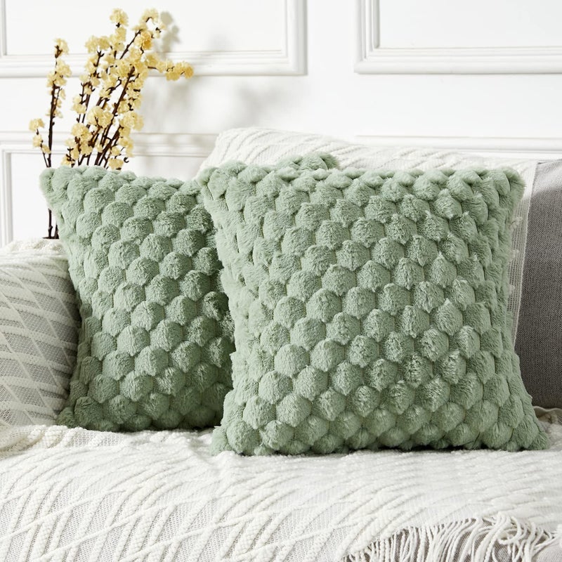 Yaertun Pack Of 2 Super Soft Cozy Decorative Throw Pillow Covers Fuzzy Plush Faux Fur Luxury Cushion Cover Pillowcase For Sofa Couch Bed Livingroom 22X22 Inch Sage Green - Image 1