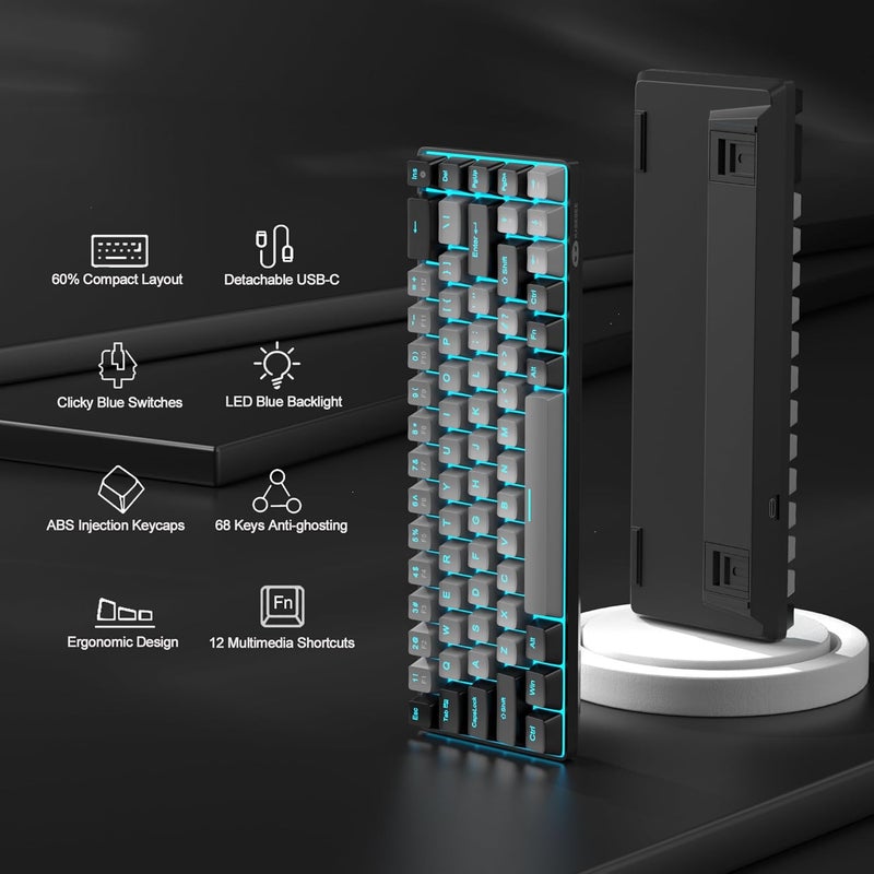 مايجغي لوحة مفاتيح ألعاب ميكانيكية محمولة من بنسبة 60%، MK-Box بإضاءة خلفية LED، مدمجة بـ 68 مفتاحًا، لوحة مفاتيح مكتبية سلكية صغيرة مع مفتاح أزرق لأجهزة Windows Laptop PC Mac - رمادي/أسود - Image 2