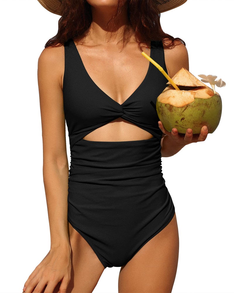 Charmo Womens One Piece Swimsuit Ruched Tummy Control High Cut Backless V Neck Bathing Suits Swimwear Black Medium - Image 1