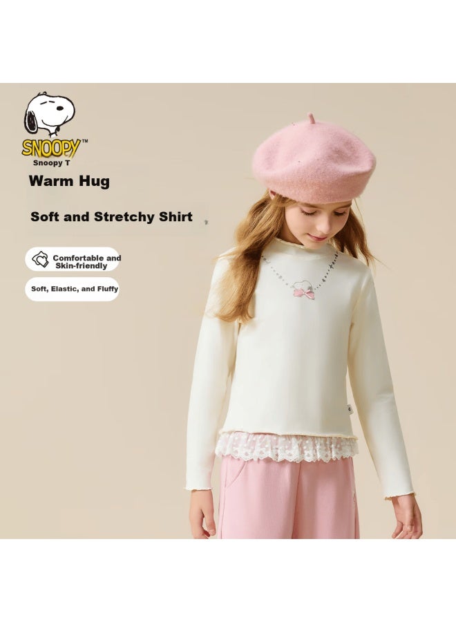 Snoopy Girls' Long Sleeve Turtleneck Base Layer T-shirt Children's Sweet Cream White Top - Image 1