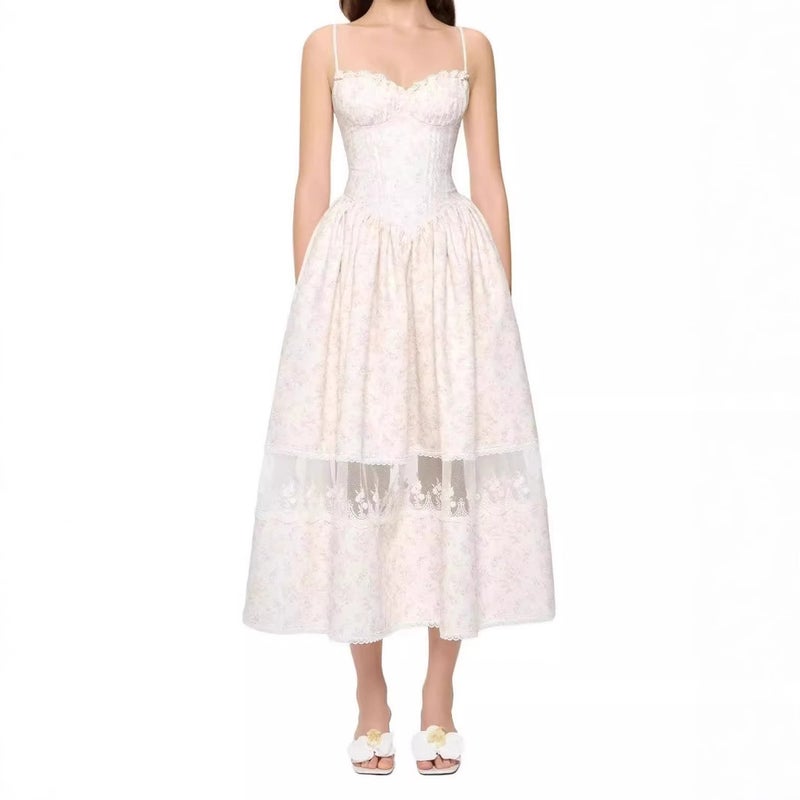 European American Spaghetti Strap Floral Lace-Trimmed Maxi Dress - Image 1