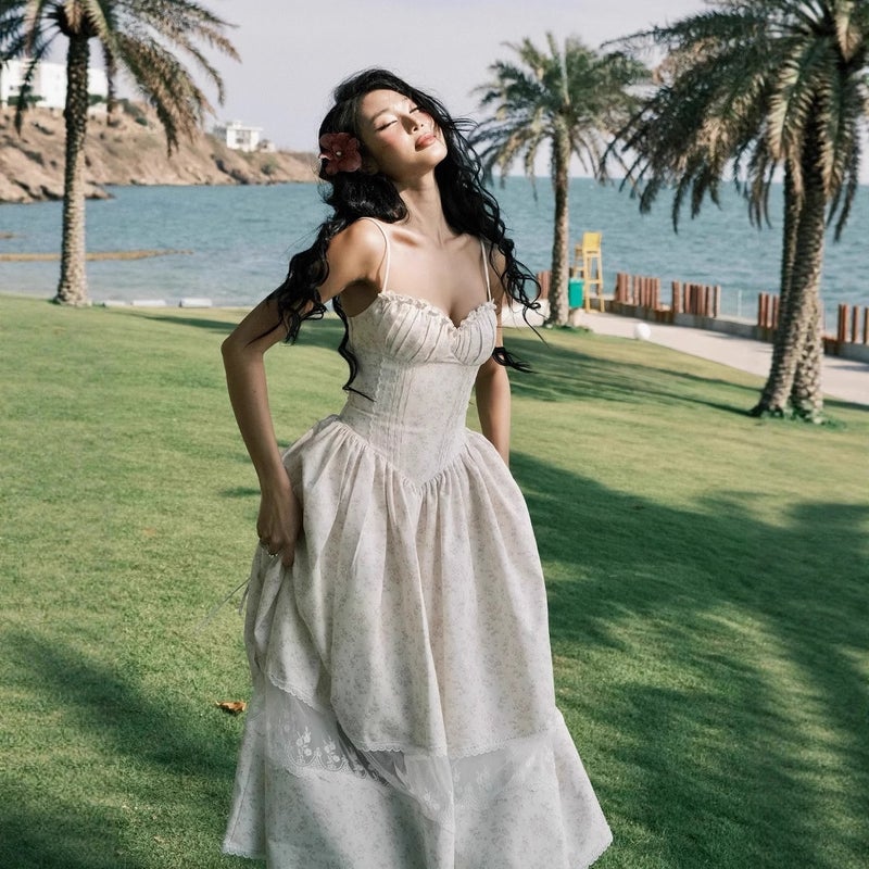 European American Spaghetti Strap Floral Lace-Trimmed Maxi Dress - Image 3
