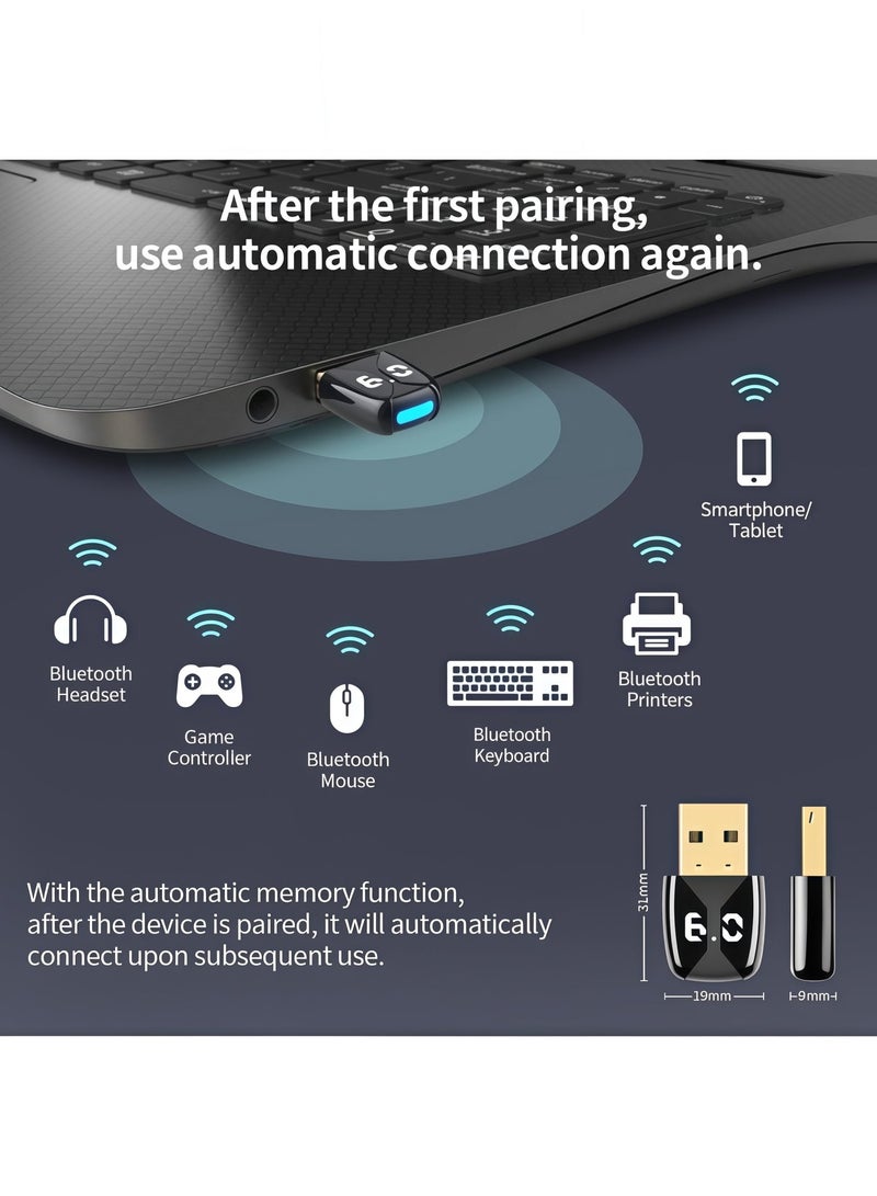 أورييل مستقبل بلوتوث USB 6.0، بتقنية EDR+BLE، يعمل بنظام التوصيل والتشغيل (Plug and Play)، متوافق مع أنظمة Windows، ويدعم الاتصال المتزامن لـ 7 أجهزة. - Image 3