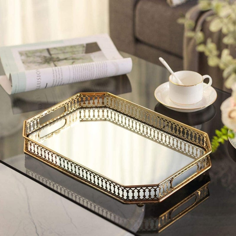 BOCFOA Mirror Tray, Perfume Tray, Vanity Makeup Decorative Jewelry Tray with Metal for Dresser Bathroom Bedroom Countertop Organizer, Large Size 13.8"" X 9.6"", Gold, DAJIN2 - Image 5