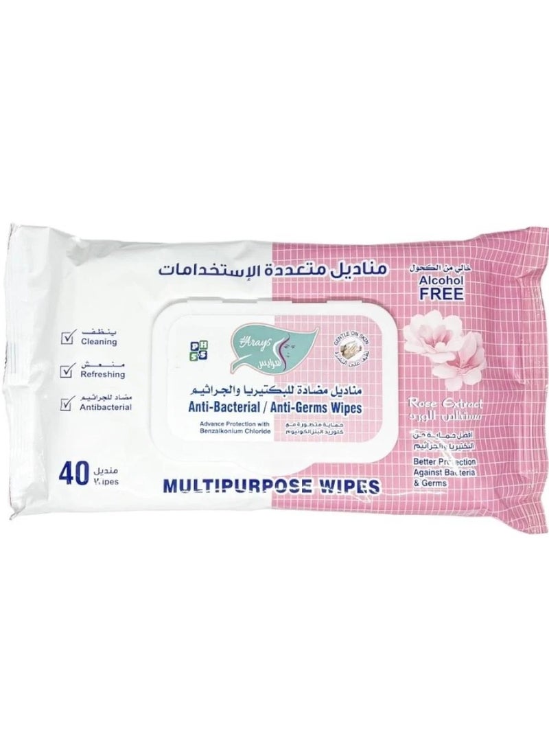 Alarays Anti Bacterial And Anti Germs Wipes 40 Wipes Rose Extract