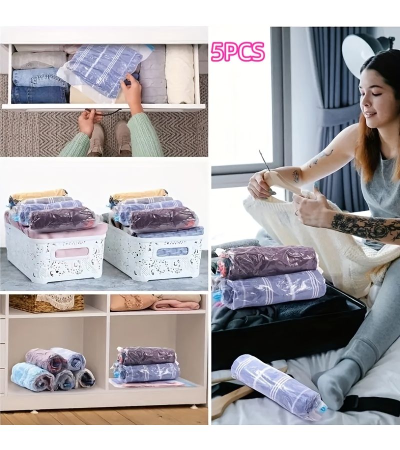 Hand Rolled Vacuum Compression Bags Space Saver No Vacuum Or Pump Needed Travel Storage Bags 2 Large 3 Small Blue Moon Set For Luggage Backpack - Image 5