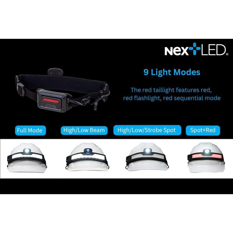 NextLED NT-6598 مصباح رأس متعدد الوظائف قابل لإعادة الشحن، ضوء خوذة/بقعة/سلامة، 3 أضواء في 1، 500 لومن، إضاءة 210°، مصباح رأس قابل لإعادة الشحن عبر USB C، مصباح رأس بشريط ضوئي، IP-54 - Image 2