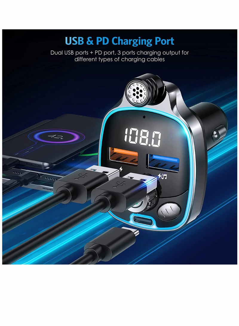 Bluetooth 5.0 FM Transmitter, for Car, 7 Colors LED Backlit Car Radio Bluetooth Adapter Type-C & Dual-Port USB Charger Supports USB Flash Drive, TF Card - Image 2