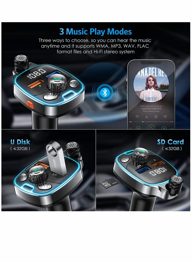 Bluetooth 5.0 FM Transmitter, for Car, 7 Colors LED Backlit Car Radio Bluetooth Adapter Type-C & Dual-Port USB Charger Supports USB Flash Drive, TF Card - Image 3