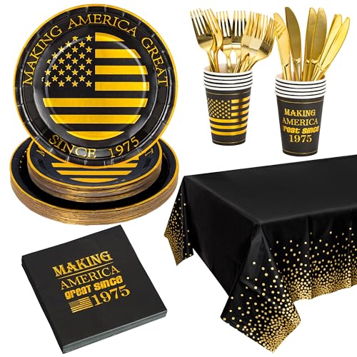 Crisky Black Gold Tableware Set for Men 50th Birthday Party Decoration Set of 24 Making Great Since 1975 9 7 Plates Luncheon Napkin 9oz Cups 10654 Tablecloth Knife Fork - Image 1