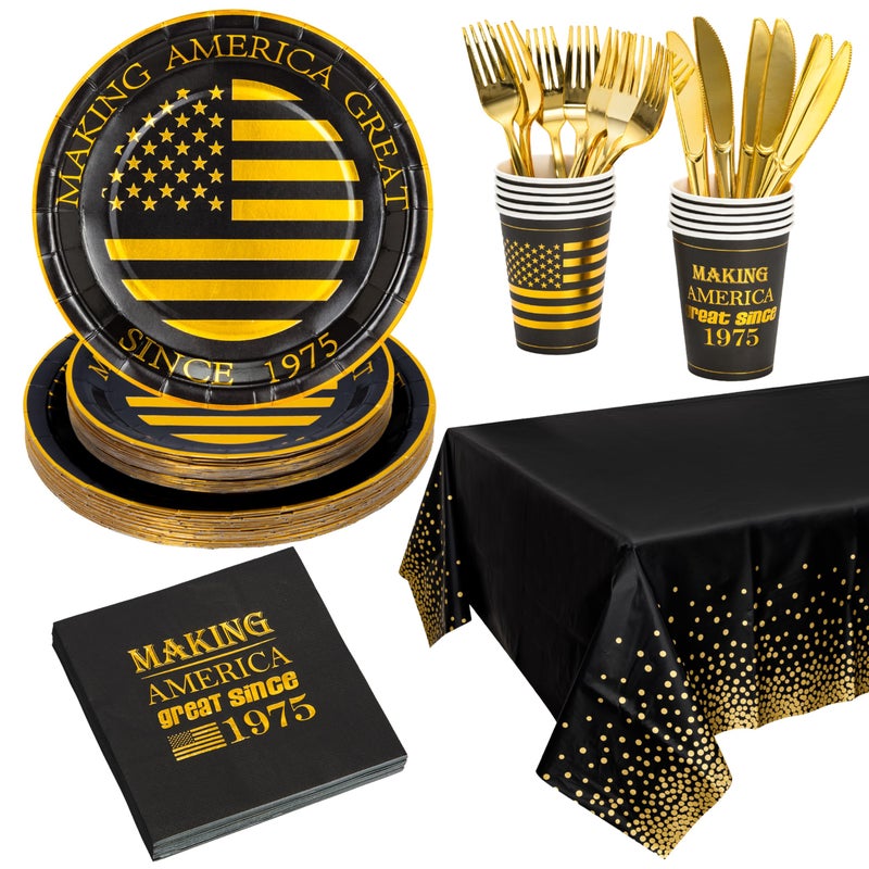 Crisky Black Gold Tableware Set for Men 50th Birthday Party Decoration Set of 24 Making Great Since 1975 9 7 Plates Luncheon Napkin 9oz Cups 10654 Tablecloth Knife Fork - Image 3