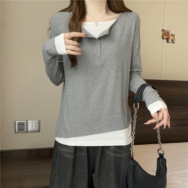 Design Sense Fake Two-Piece Lazy Contrast Color Loose Long-Sleeved T-Shirt Casual Base Shirt Women'S New Korean Version Slim Look - Image 1