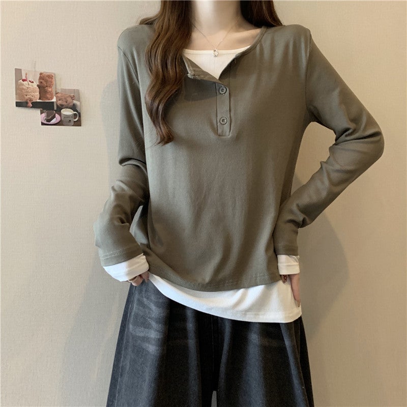 Design Sense Fake Two-Piece Lazy Contrast Color Loose Long-Sleeved T-Shirt Casual Base Shirt Women'S New Korean Version Slim Look - Image 5