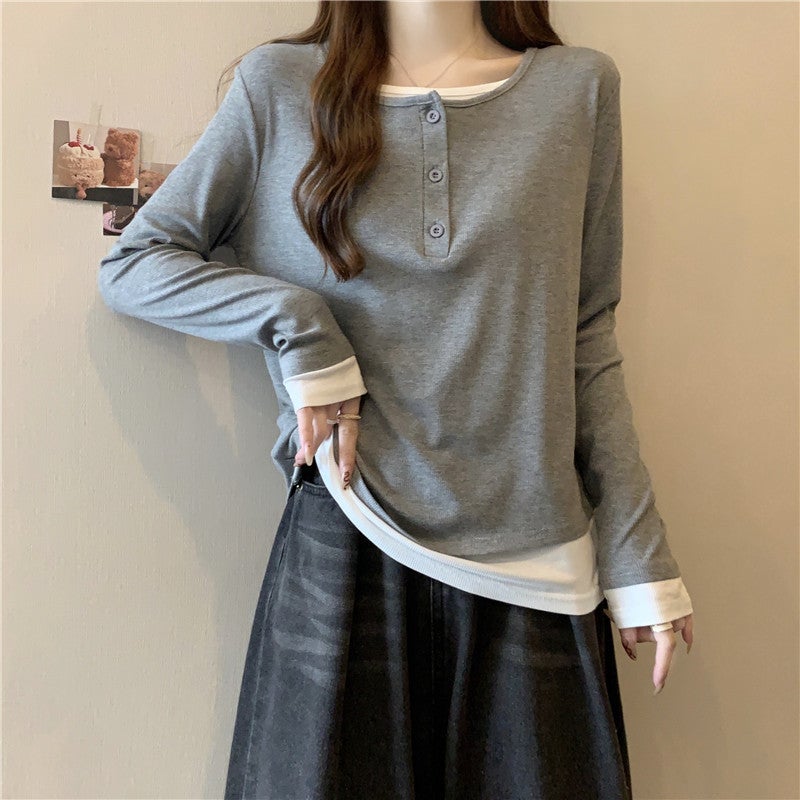 Design Sense Fake Two-Piece Lazy Contrast Color Loose Long-Sleeved T-Shirt Casual Base Shirt Women'S New Korean Version Slim Look - Image 2
