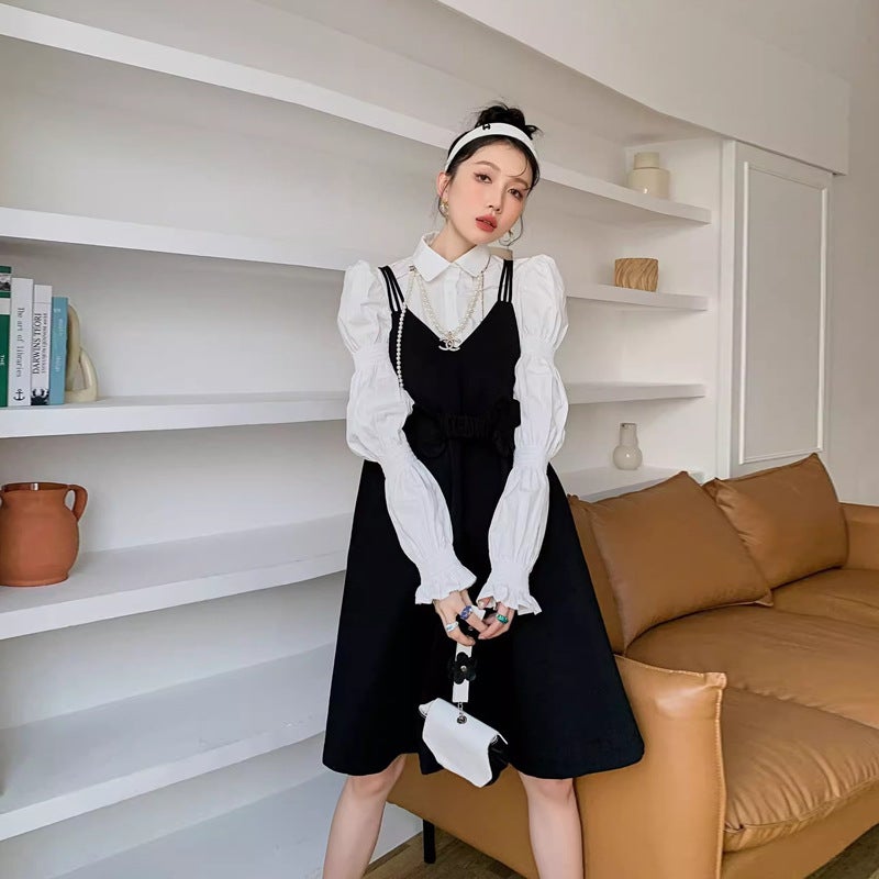 Spring and Autumn Strap dress Womens French White Long-sleeved Shirt Loose plus size Midi Skirt Elegant suit Shirt strap skirt [whole suit]]