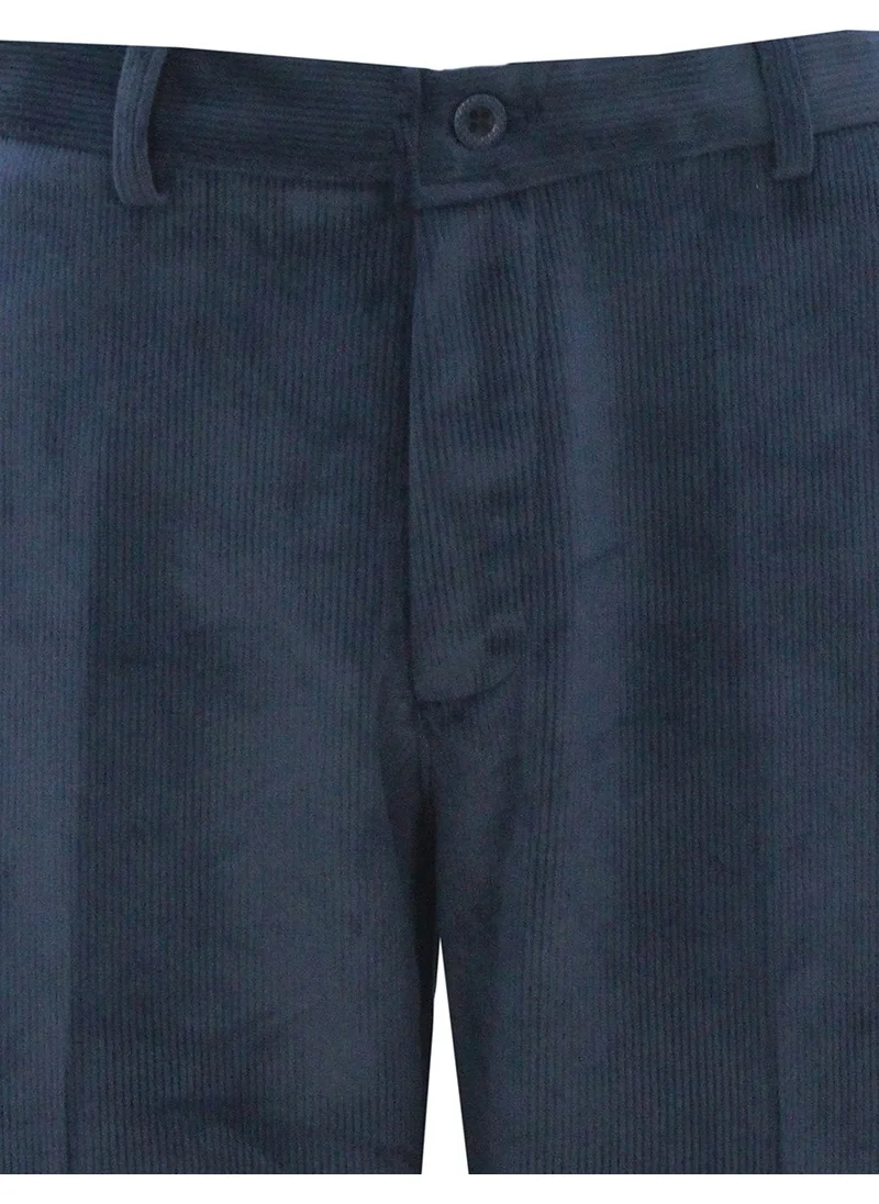 Varetta Men's Navy Blue Velvet Slim Ribbed Classic Cut Pocketed Trousers