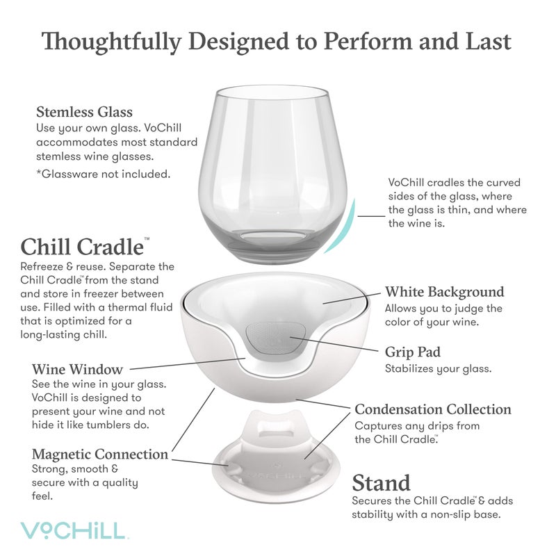VoChill Stemless Wine Glass Chiller | Keep the Chill In Your Glass | Made in the USA | Separable & Refreezable Chill Cradle | Actively Chills Stemless Glassware | Quartz, Single Stemless - Image 4