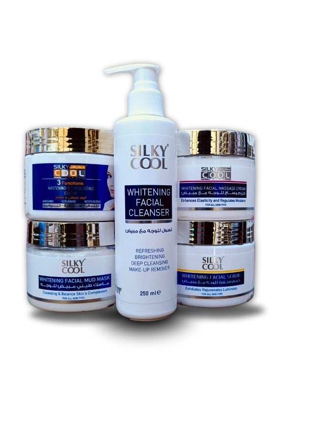 Silky Cool Whitening Facial Kit [Facial Scrub 350ml] + [Facial Mud Mask 350ml] + [Facial Massage Cream 350ml] + [Whitening & Exfoliating Cream (3 Functions) 350ml] + [Facial Cleaner 250ml] 