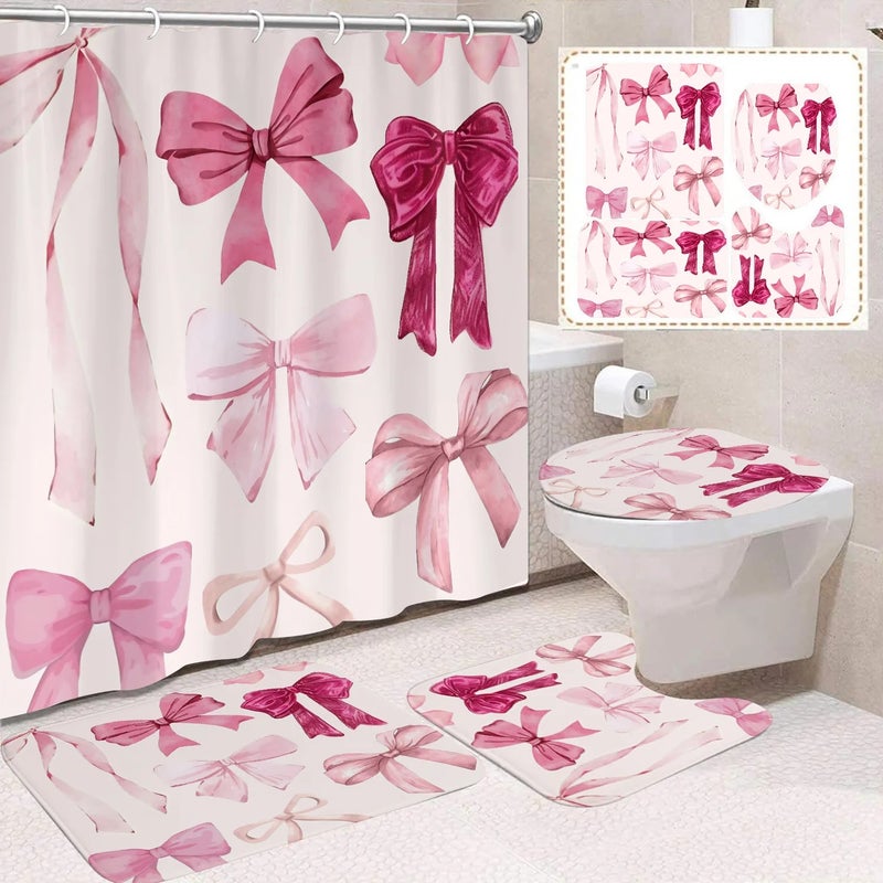 Y&D 4 Pcs Happy Valentine's Day Shower Curtain Set with Non Slip Rugs Toilet Lid Cover Bath Mat U Shaped Mat Bathroom Curtain - Image 1