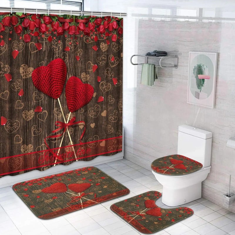 Y&D 4 Pcs Happy Valentine's Day Shower Curtain Set with Non Slip Rugs Toilet Lid Cover Bath Mat U Shaped Mat Bathroom Curtain - Image 3