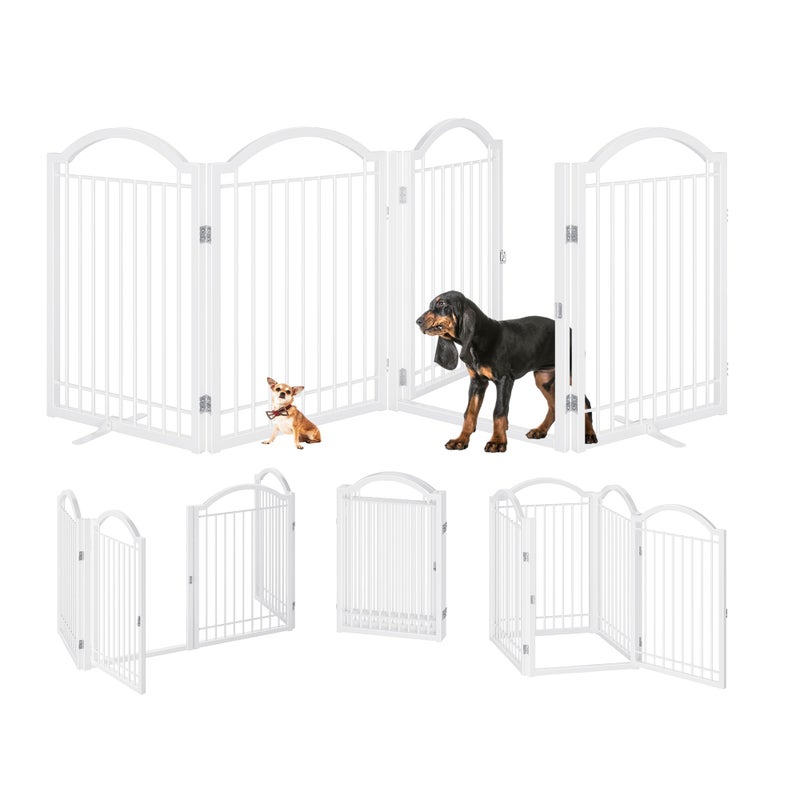 BHG Metal No-Assembly Freestanding Dog Gate with Door Walk Through, Extra Wide 96", Extra Tall 32" Pet Gate, Accordion Puppy Folding Playpen Dog Fence, with 2PCS Support (White, 4 Panels) - Image 3