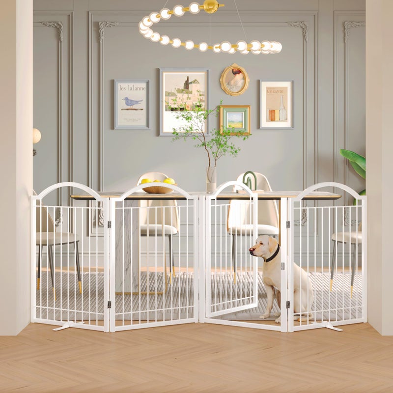 BHG Metal No-Assembly Freestanding Dog Gate with Door Walk Through, Extra Wide 96", Extra Tall 32" Pet Gate, Accordion Puppy Folding Playpen Dog Fence, with 2PCS Support (White, 4 Panels) - Image 1