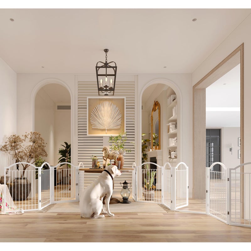 BHG Metal No-Assembly Freestanding Dog Gate with Door Walk Through, Extra Wide 96", Extra Tall 32" Pet Gate, Accordion Puppy Folding Playpen Dog Fence, with 2PCS Support (White, 4 Panels) - Image 2