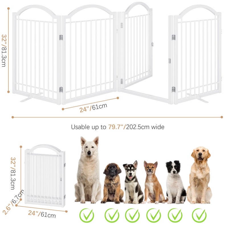 BHG Metal No-Assembly Freestanding Dog Gate with Door Walk Through, Extra Wide 96", Extra Tall 32" Pet Gate, Accordion Puppy Folding Playpen Dog Fence, with 2PCS Support (White, 4 Panels) - Image 4
