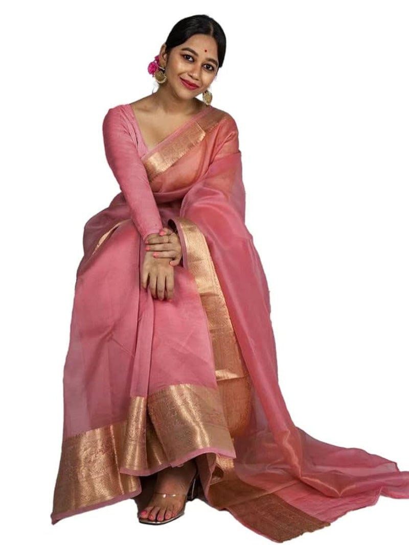 Satrani Women'S Organza Dyed & Jacquard Border Saree With Unstitched Blouse Piece(2763S110N_Light Pink) - Image 5