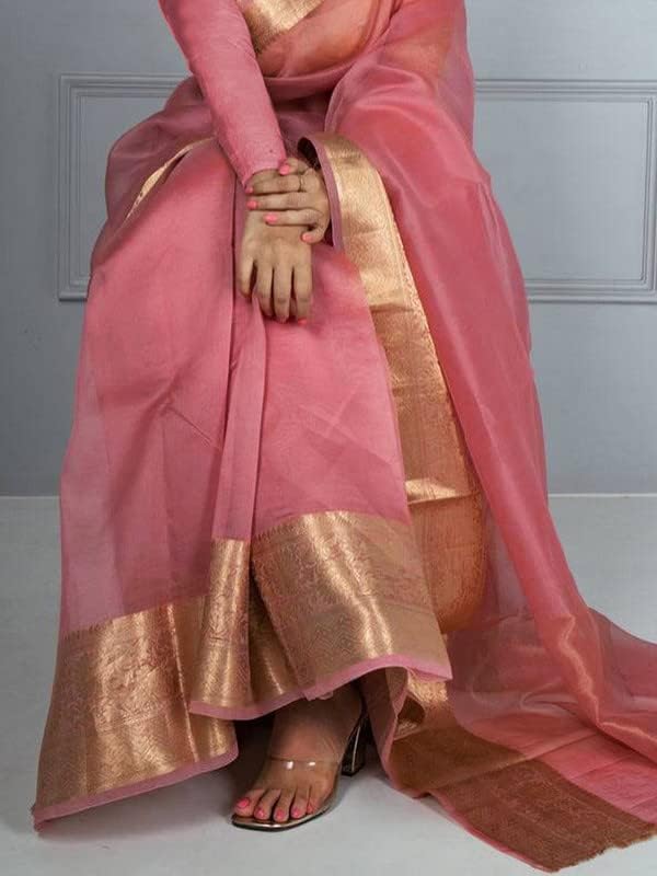 Satrani Women'S Organza Dyed & Jacquard Border Saree With Unstitched Blouse Piece(2763S110N_Light Pink) - Image 3