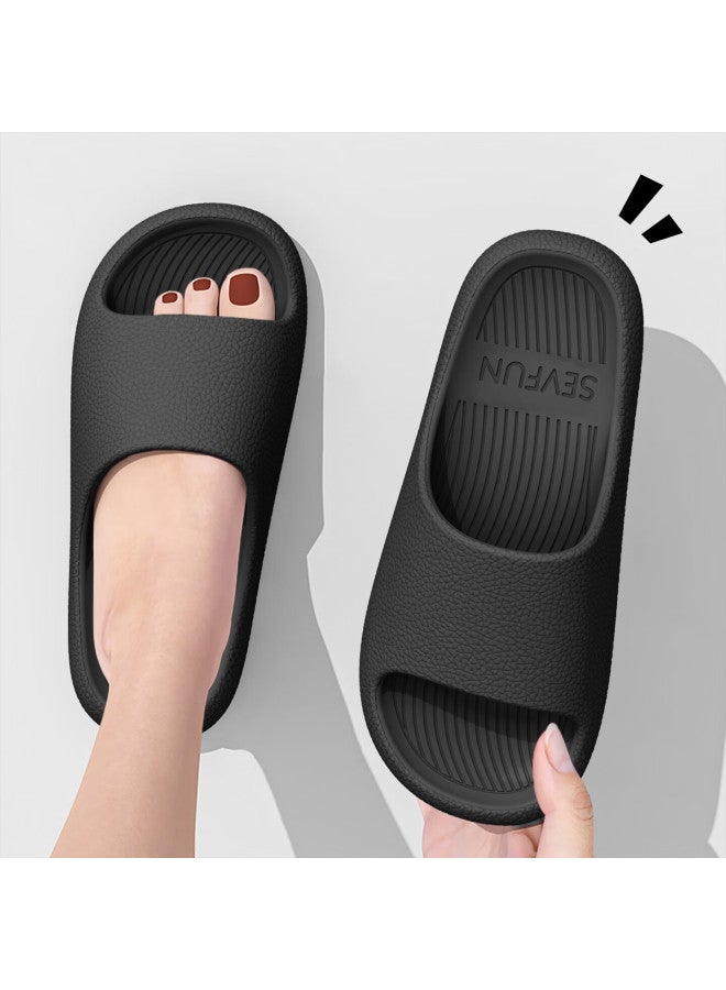 Sevfun Qise Fang Men's Slippers Leather Texture Eva Skin-friendly Home Bathroom Quick-dry Non-slip Couple Thick Sole Women's Black Size 44-45 - Image 4